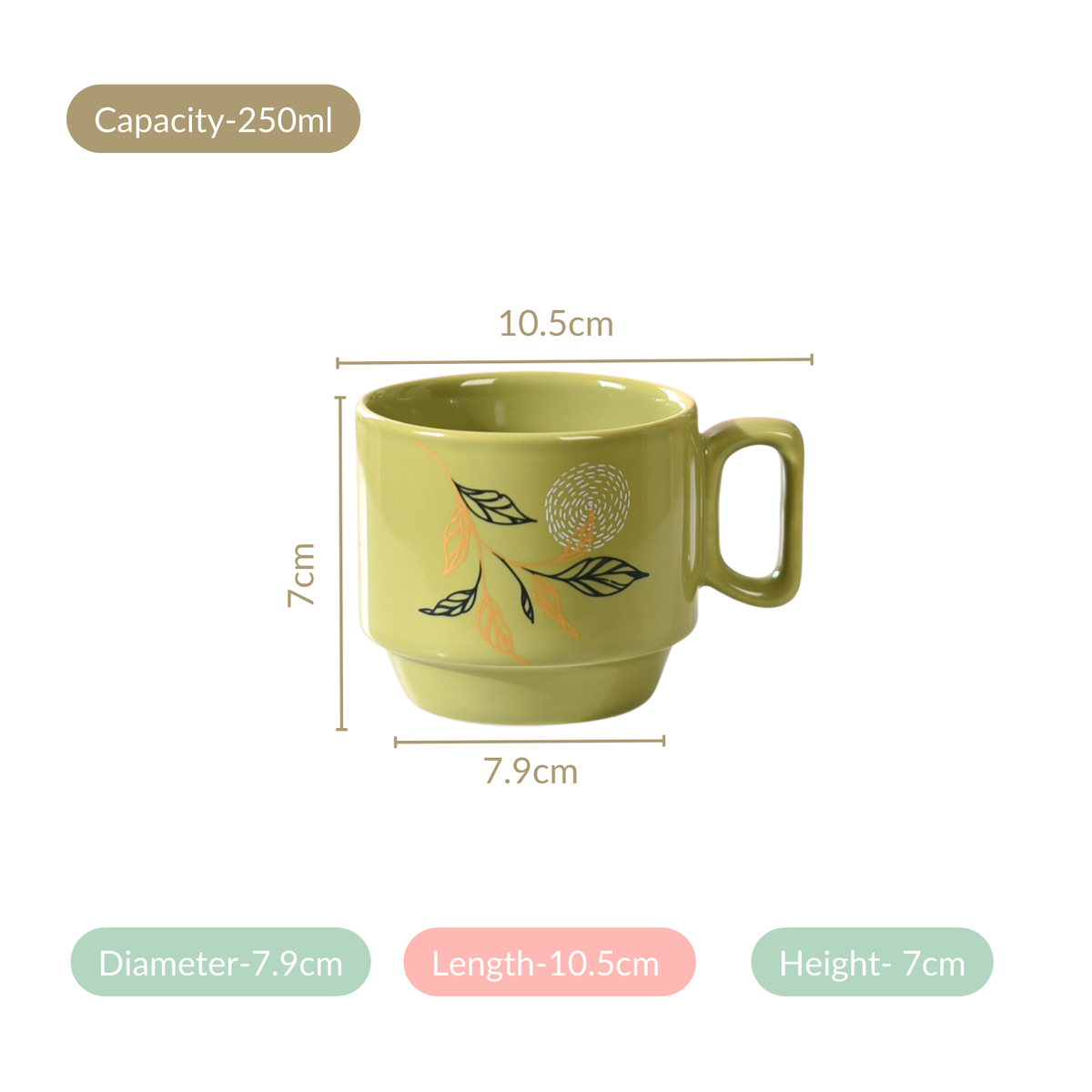 Foliage Stackable Ceramic Coffee Cup Set Of 4 250ml Nestasia
