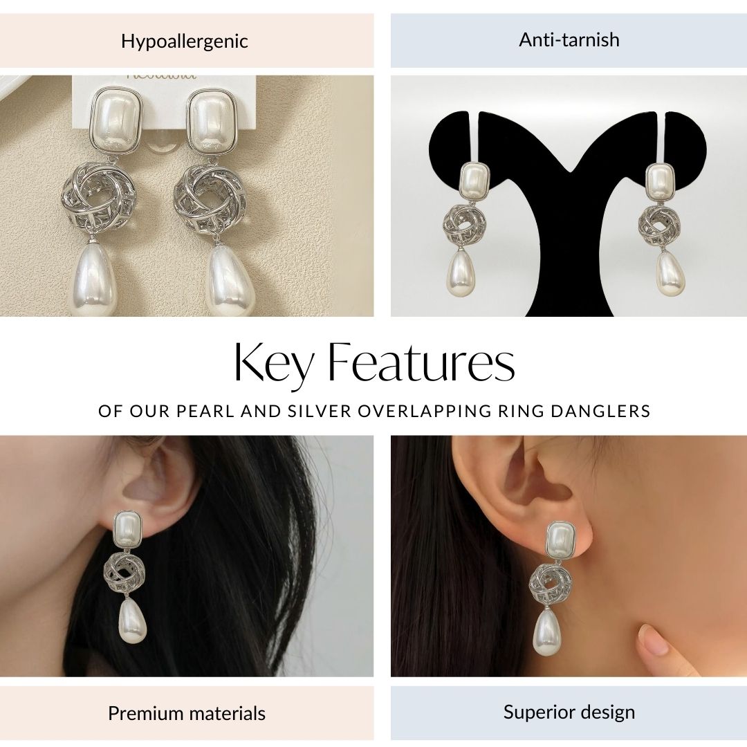 Pearl And Silver Overlapping Ring Danglers Nestasia