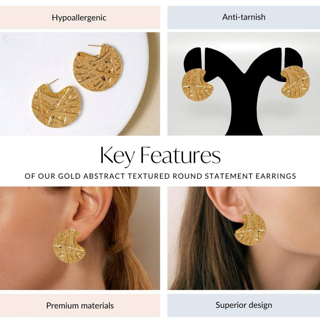 Gold Abstract Textured Round Statement Earrings Nestasia