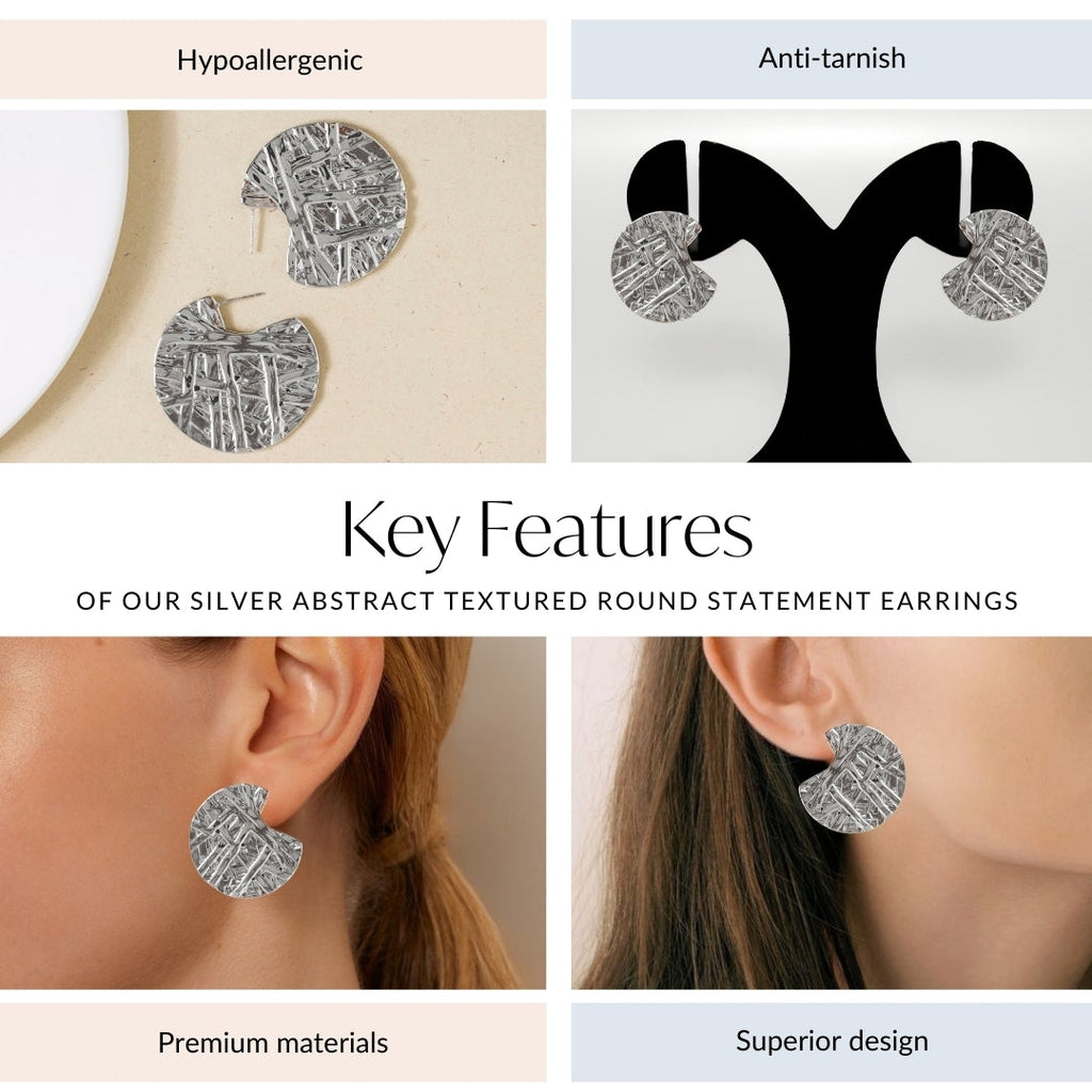 Silver Abstract Textured Round Statement Earrings Nestasia