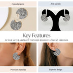 Silver Abstract Textured Round Statement Earrings Nestasia