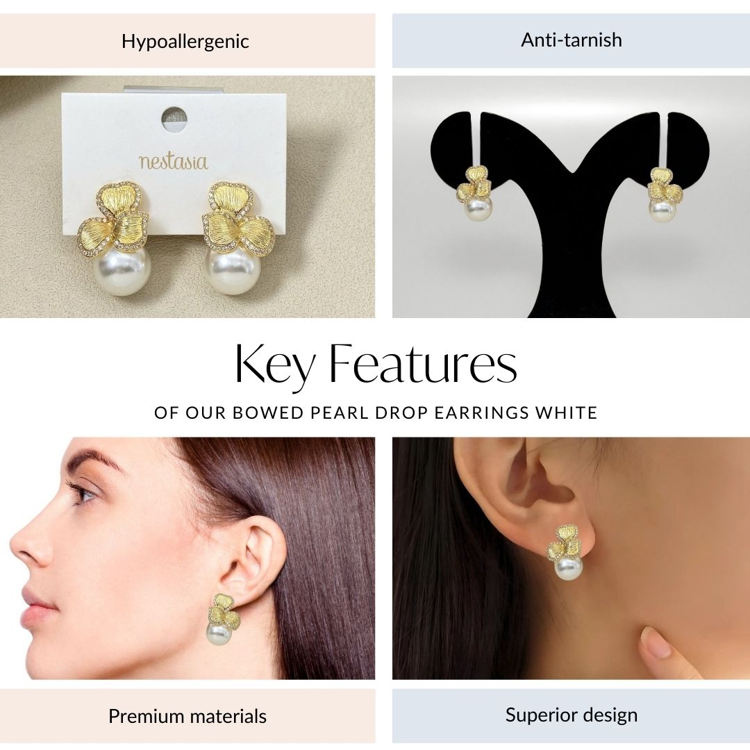 Bowed Pearl Drop Earrings White Nestasia