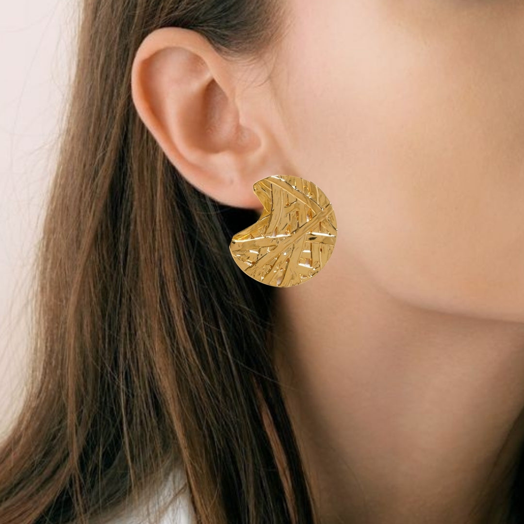 Gold Abstract Textured Round Statement Earrings Nestasia