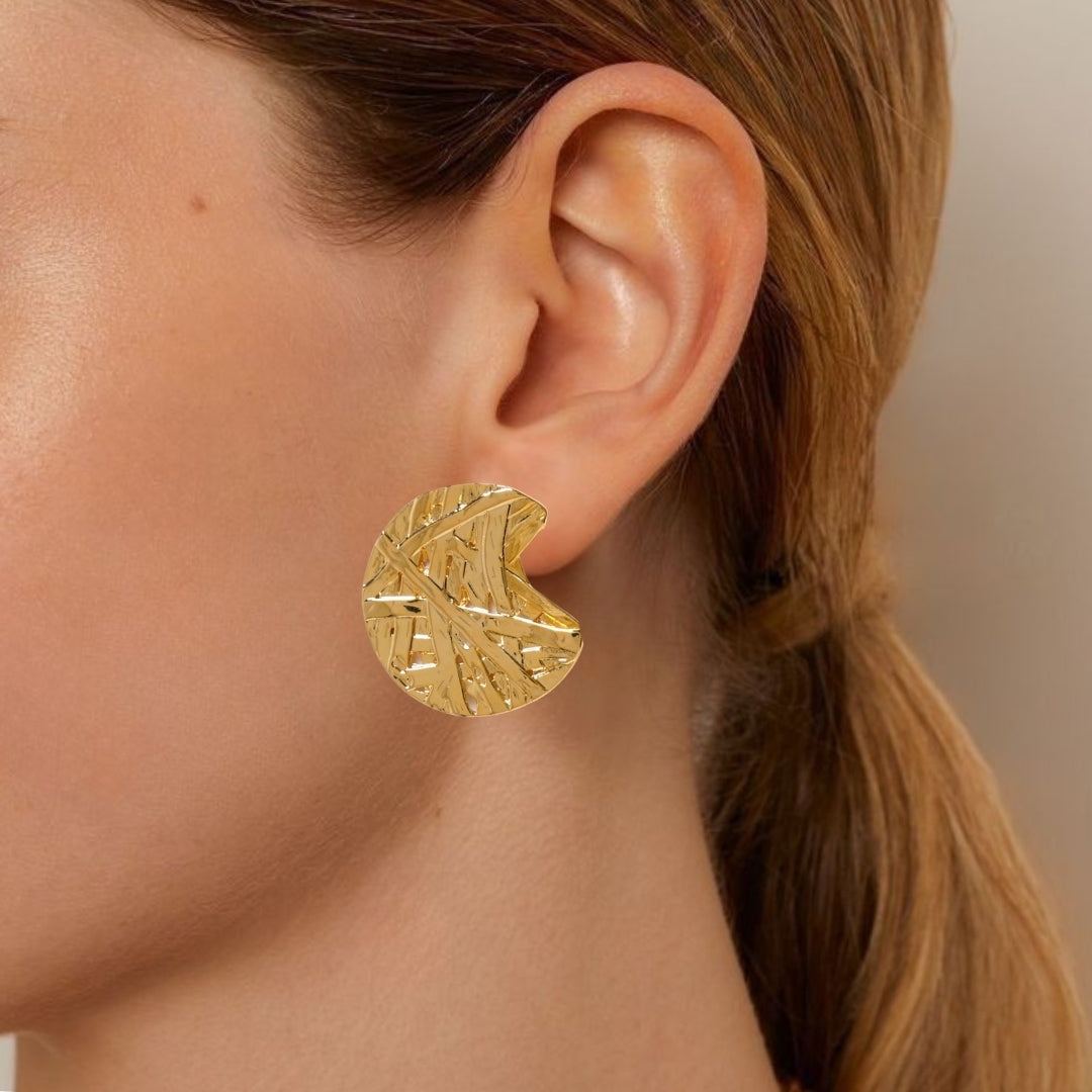 Gold Abstract Textured Round Statement Earrings Nestasia