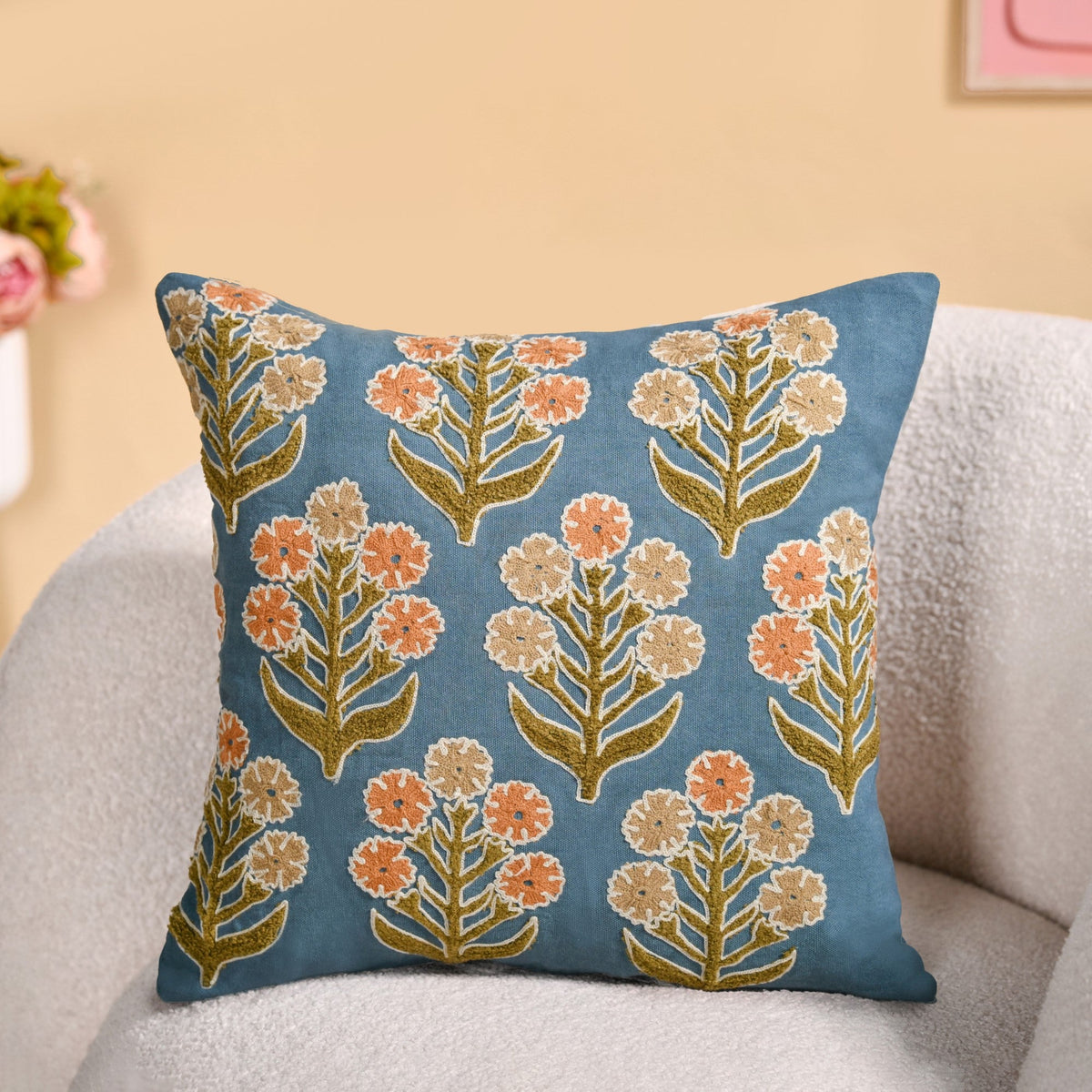 Earthy Botanical Embroidered Cushion Cover 40x40cm