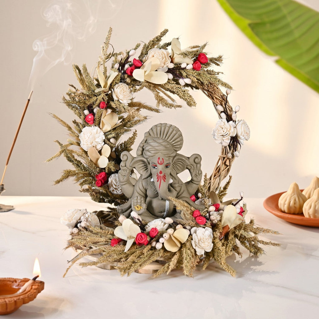 Sustainable Clay Ganapati Bappa Idol With Handmade Dried Flowers Backdrop Base Nestasia