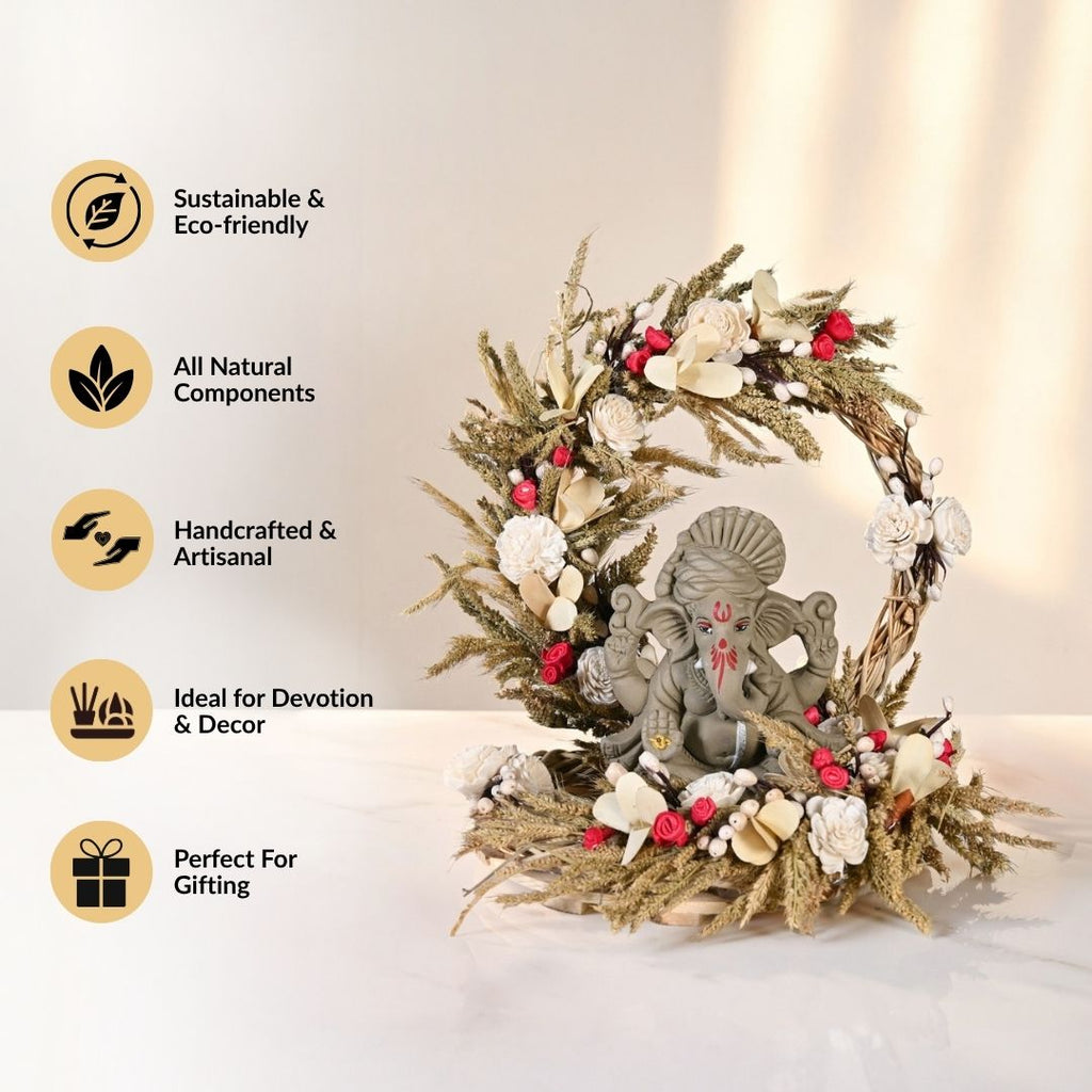 Sustainable Clay Ganapati Bappa Idol With Handmade Dried Flowers Backdrop Base Nestasia