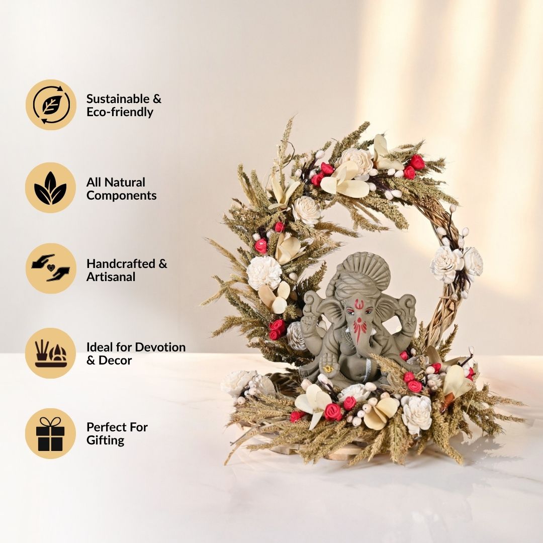 Sustainable Clay Ganapati Bappa Idol With Handmade Dried Flowers Backdrop Base Nestasia