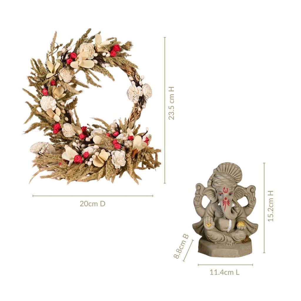 Sustainable Clay Ganapati Bappa Idol With Handmade Dried Flowers Backdrop Base Nestasia