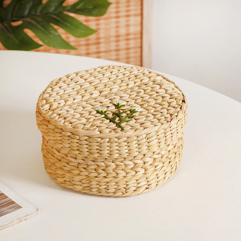 Kauna Round Basket With Lid – Handmade Box With Floral Embroidery Nestasia