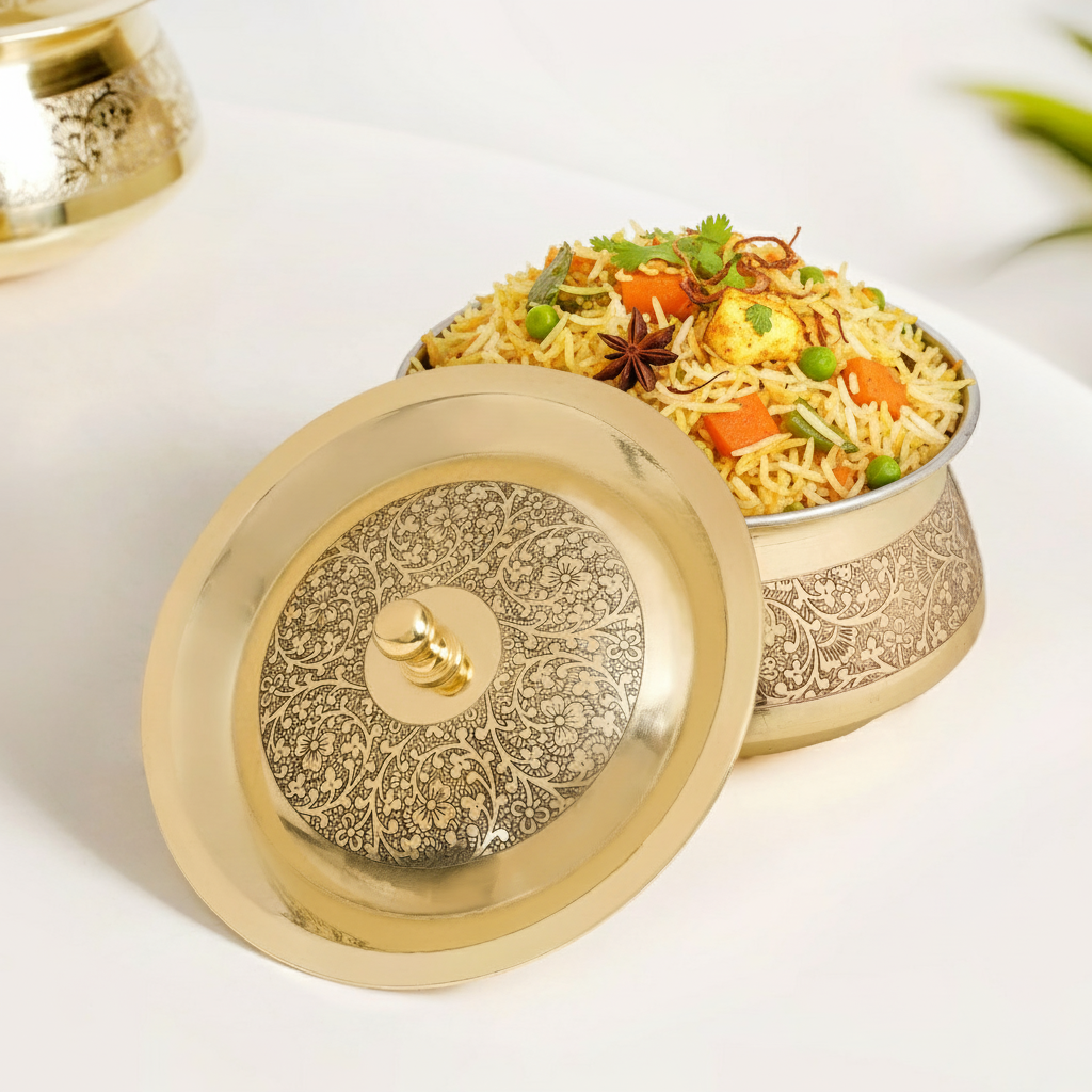 Embossed Pure Brass Handi Cooking Pot With Lid 1600ml Nestasia