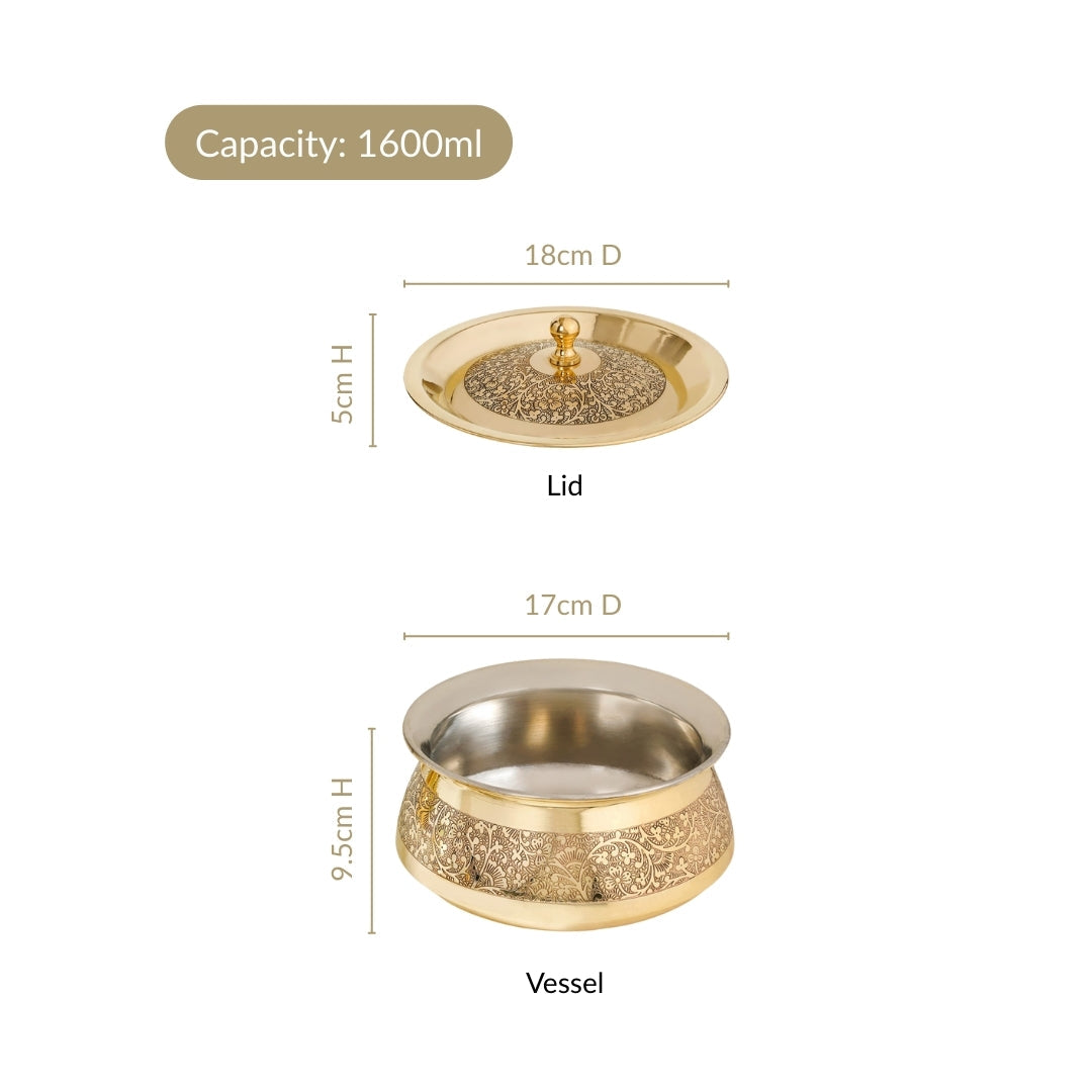 Embossed Pure Brass Handi Cooking Pot With Lid 1600ml Nestasia