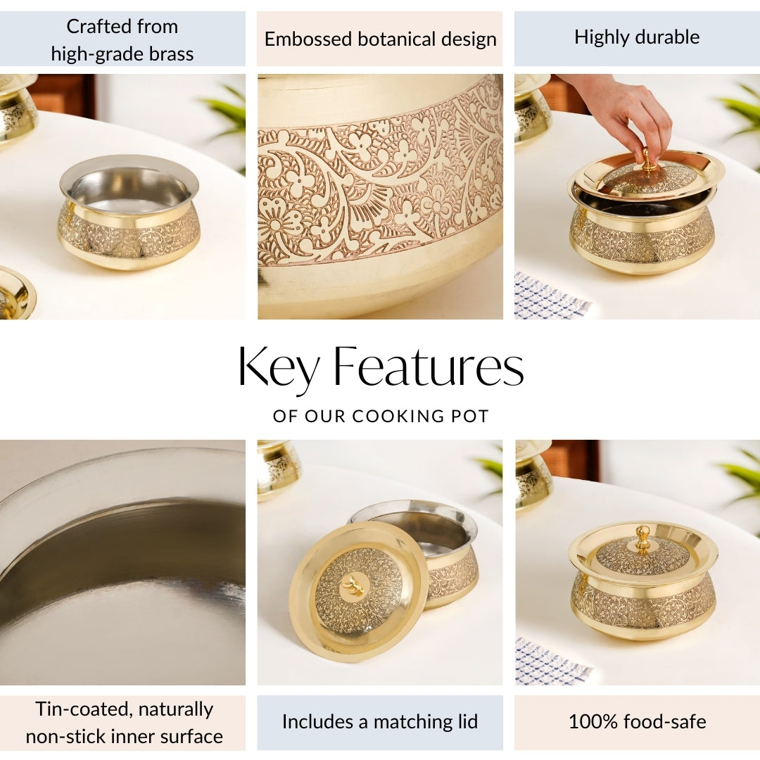 Embossed Pure Brass Handi Cooking Pot With Lid 1600ml Nestasia