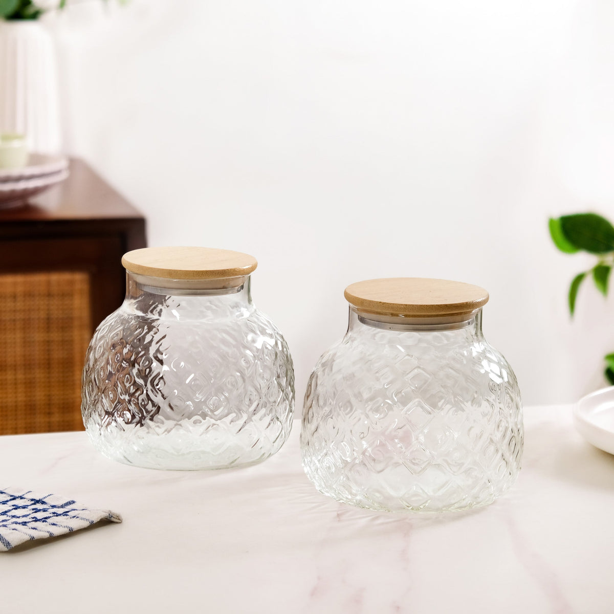 Embossed Glass Jar With Bamboo Lid Set Of 2 1200ml Nestasia