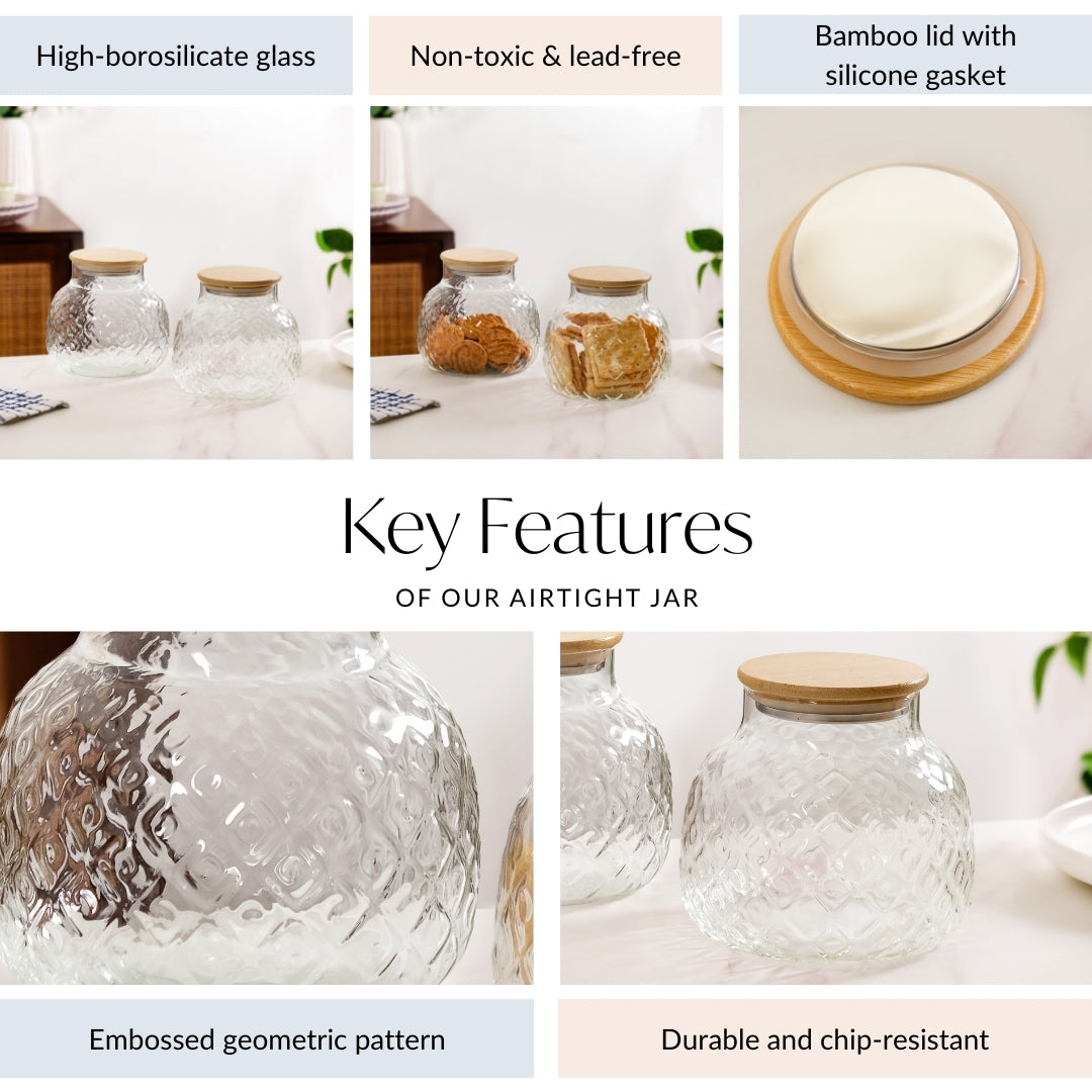 Embossed Glass Jar With Bamboo Lid Set Of 2 1200ml Nestasia