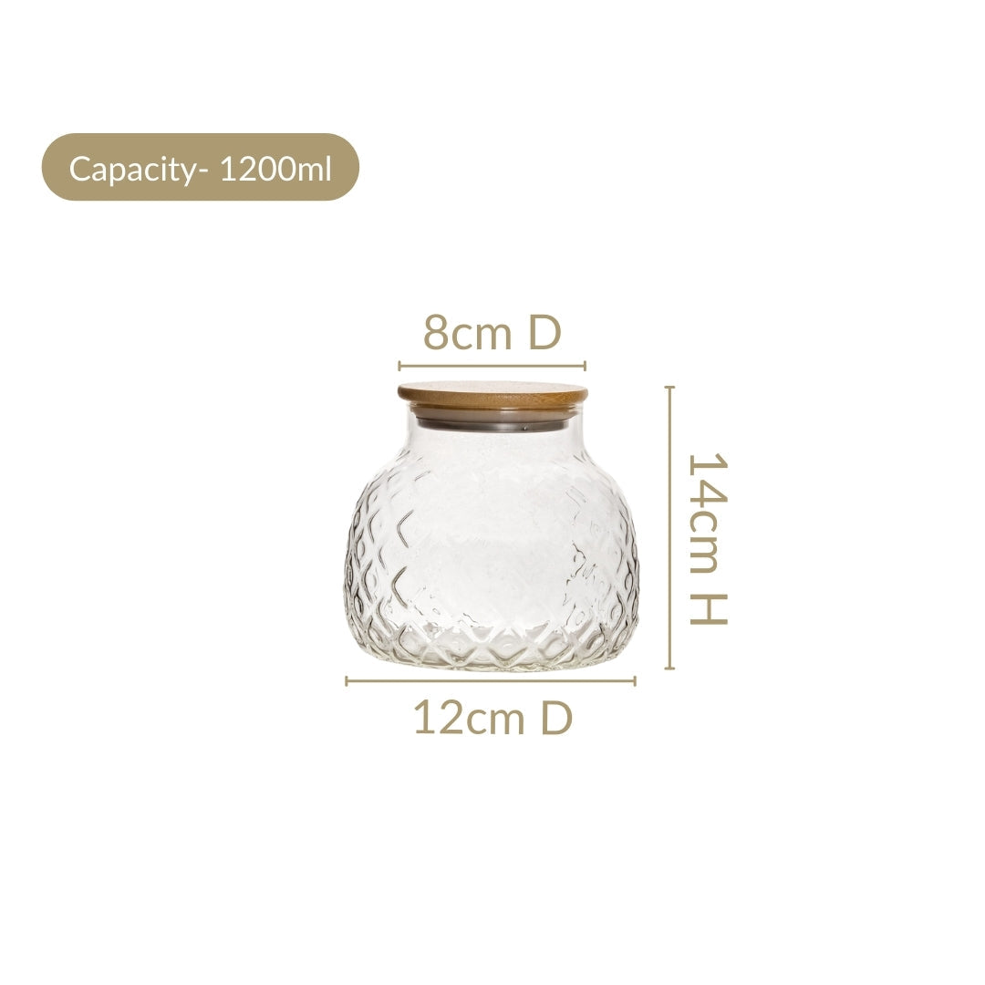 Embossed Glass Jar With Bamboo Lid Set Of 2 1200ml Nestasia