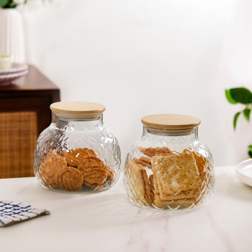 Embossed Glass Jar With Bamboo Lid Set Of 2 1200ml Nestasia