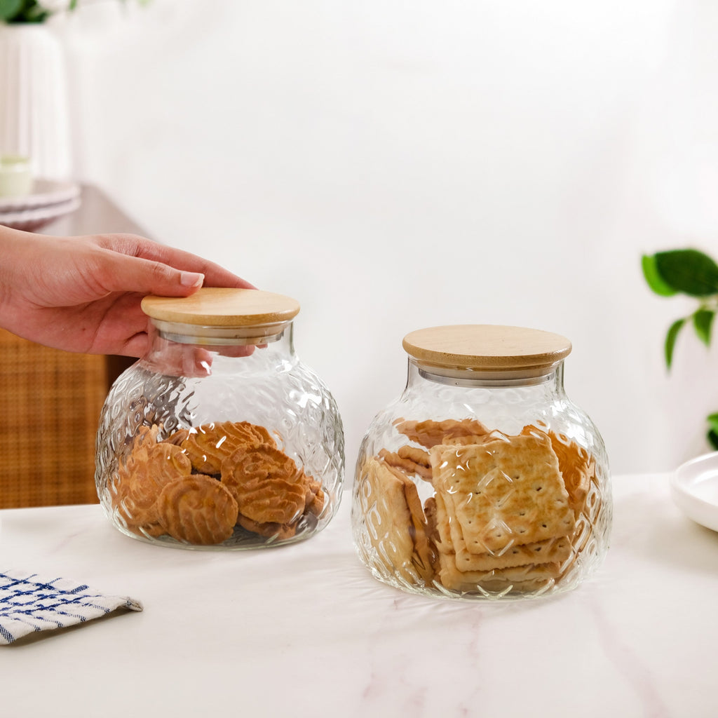 Embossed Glass Jar With Bamboo Lid Set Of 2 1200ml Nestasia