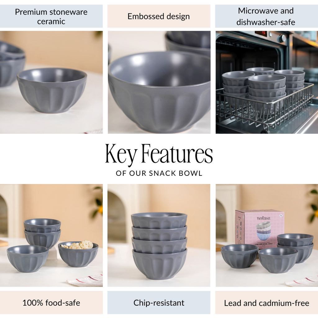 Embossed Grey Ceramic Bowl Set Of 4 580ml Nestasia