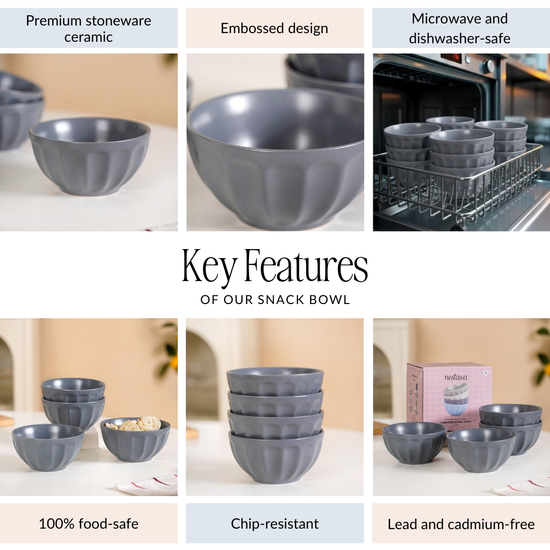 Embossed Grey Ceramic Bowl Set Of 4 580ml Nestasia