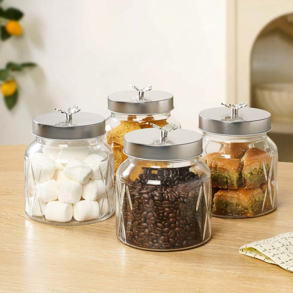 Embossed Jar With Butterfly Lid Set Of 4 700ml Nestasia