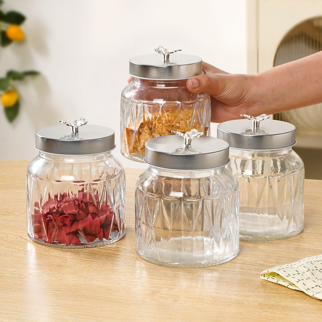 Embossed Jar With Butterfly Lid Set Of 4 700ml Nestasia