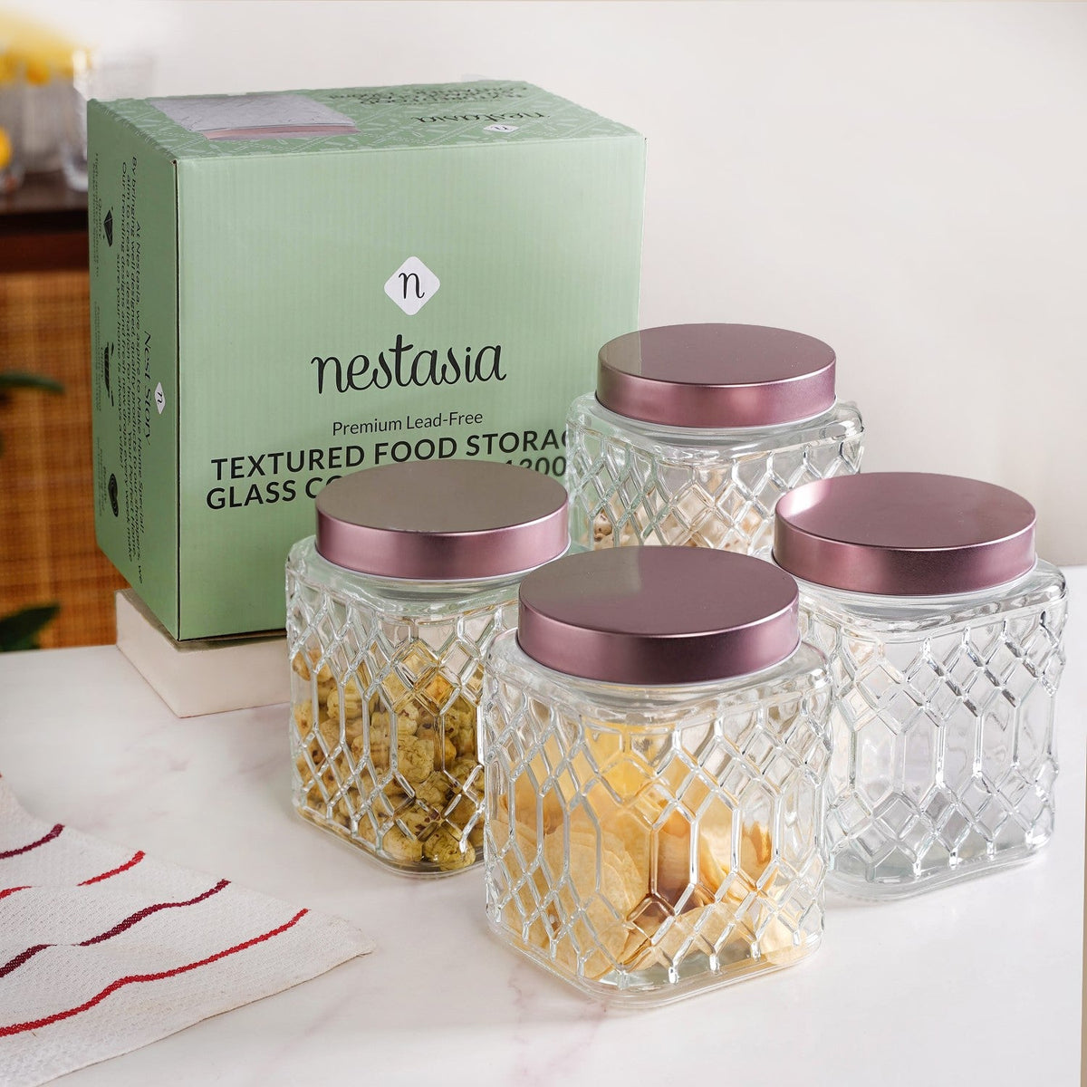 Embossed Kitchen Storage Container With Lids Set Of 4 1300ml Nestasia