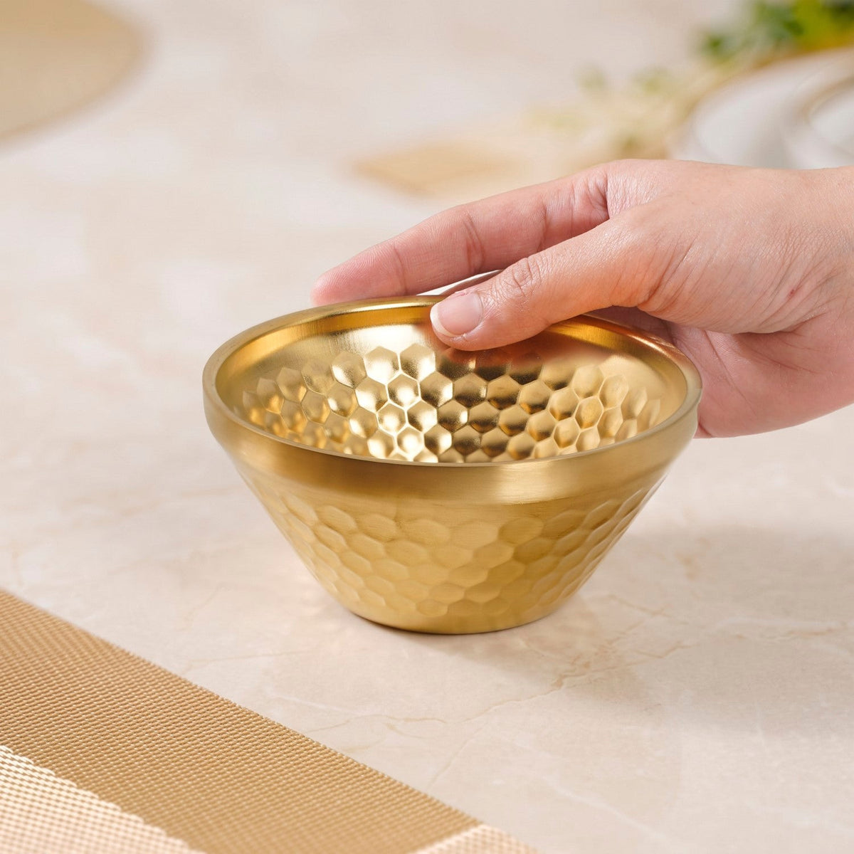 Double Wall Stainless Steel Embossed Snack Bowl Gold 330ml Nestasia