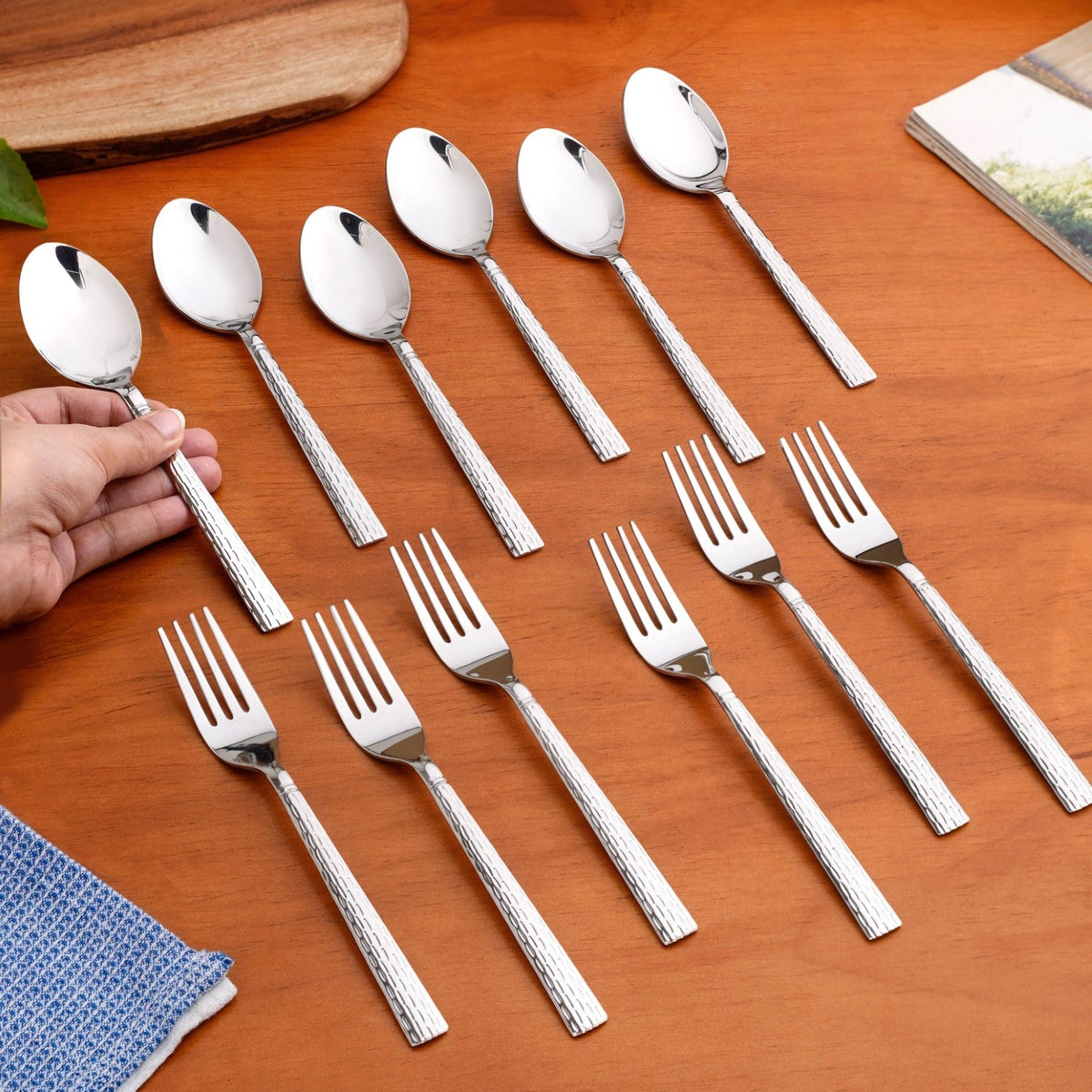 Embossed Stainless Steel Table Spoon And Fork Set Of 12 Nestasia