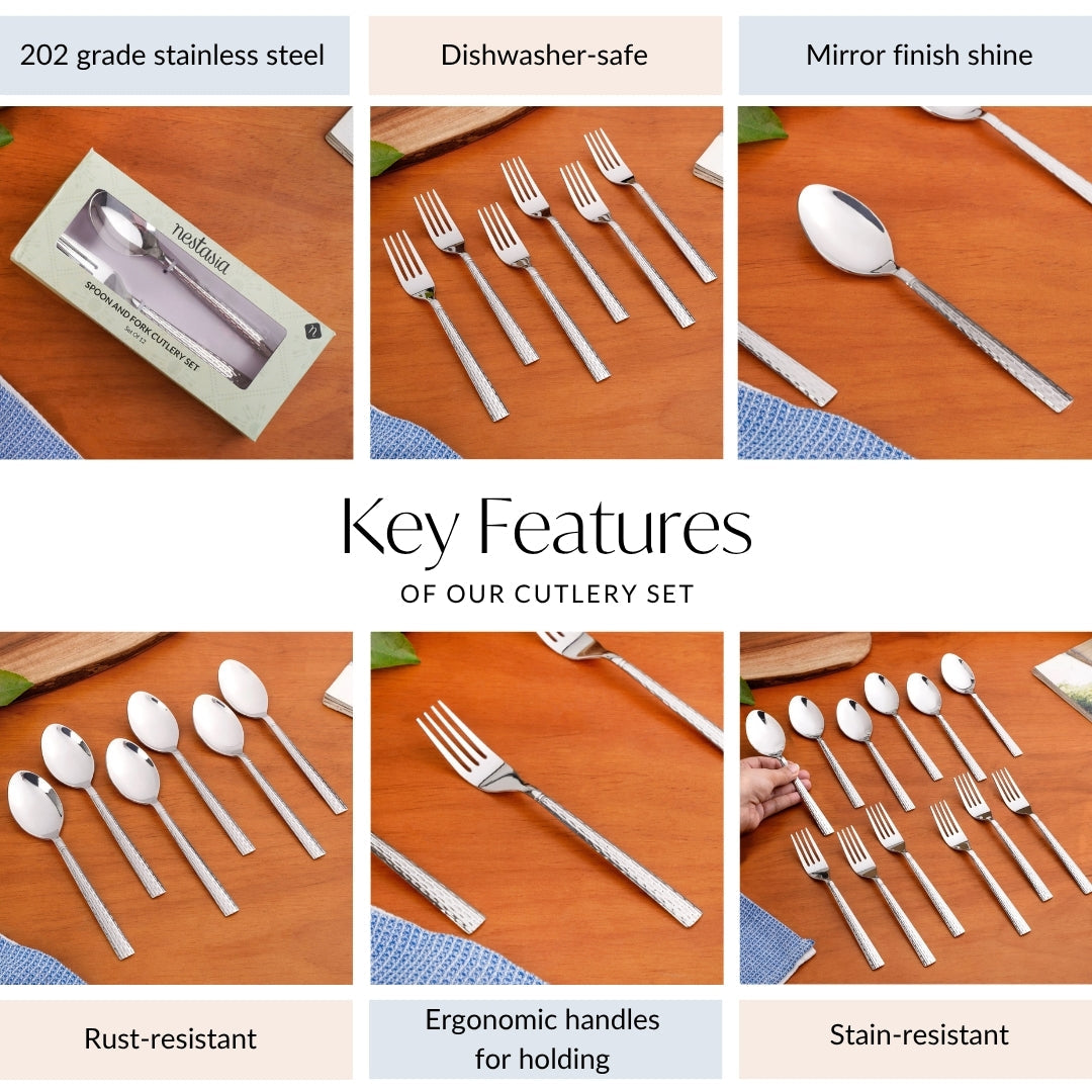Embossed Stainless Steel Table Spoon And Fork Set Of 12 Nestasia