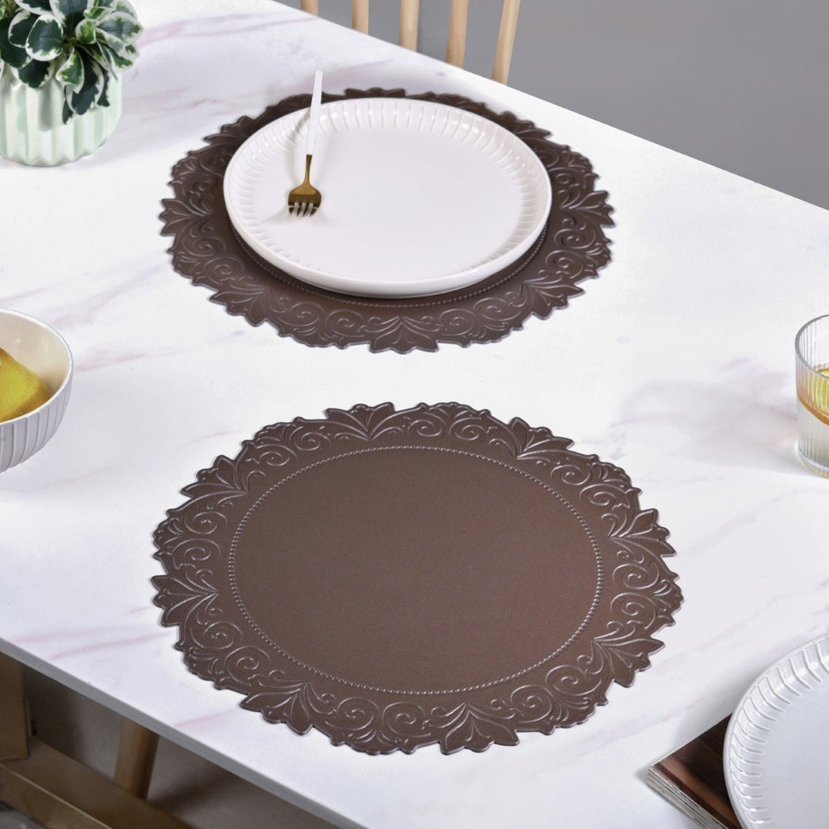 Embossed Brown Round Placemat Set Of 6 Nestasia