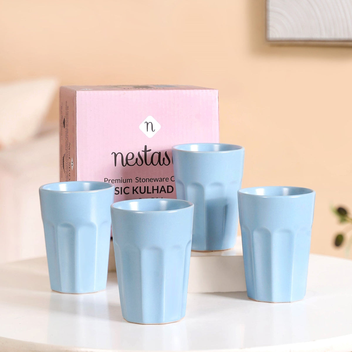 Retro Fluted Small Tumbler Set Of 4 Baby Blue 200ml Nestasia