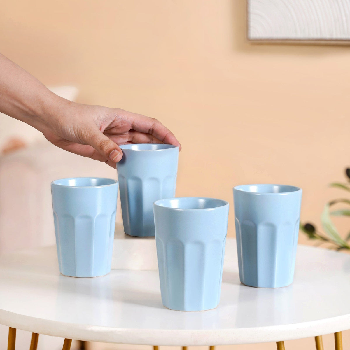 Retro Fluted Small Tumbler Set Of 4 Baby Blue 200ml Nestasia