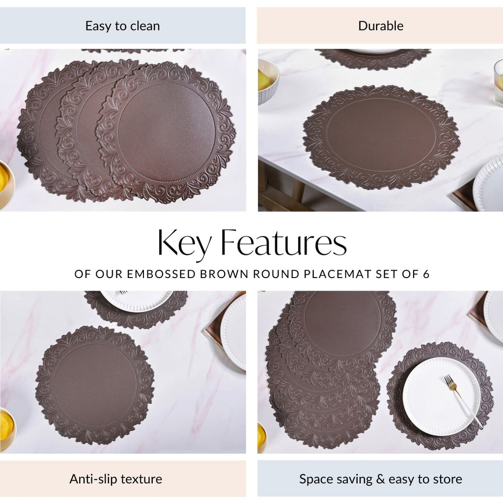 Embossed Brown Round Placemat Set Of 6 Nestasia