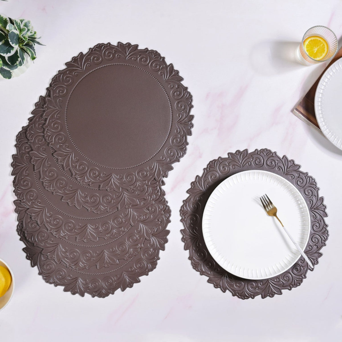 Embossed Brown Round Placemat Set Of 6 Nestasia