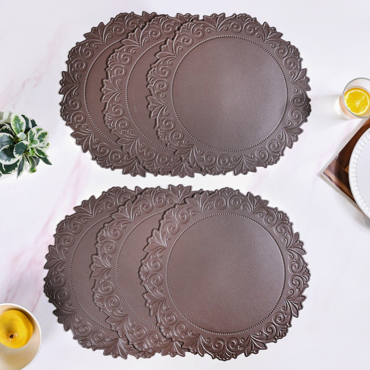 Embossed Brown Round Placemat Set Of 6 Nestasia