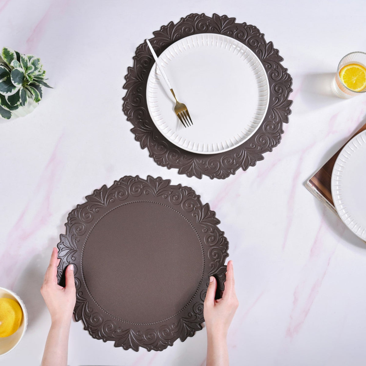 Embossed Brown Round Placemat Set Of 6 Nestasia