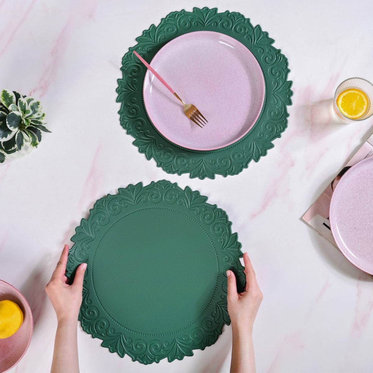 Embossed Green Round Placemat Set Of 6 Nestasia