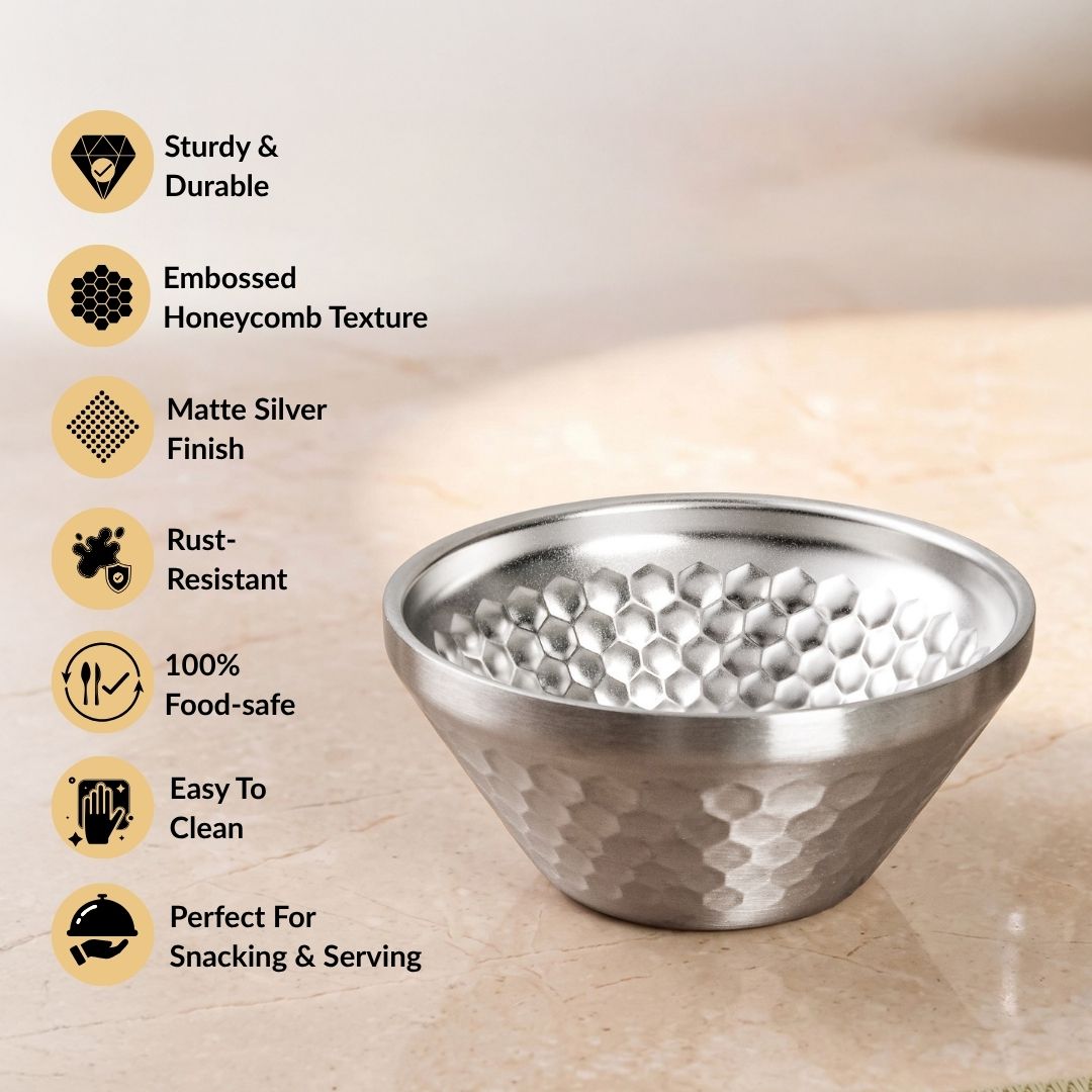 Matte Stainless Steel Honeycomb Double Wall Snack Bowl Silver 460ml Nestasia