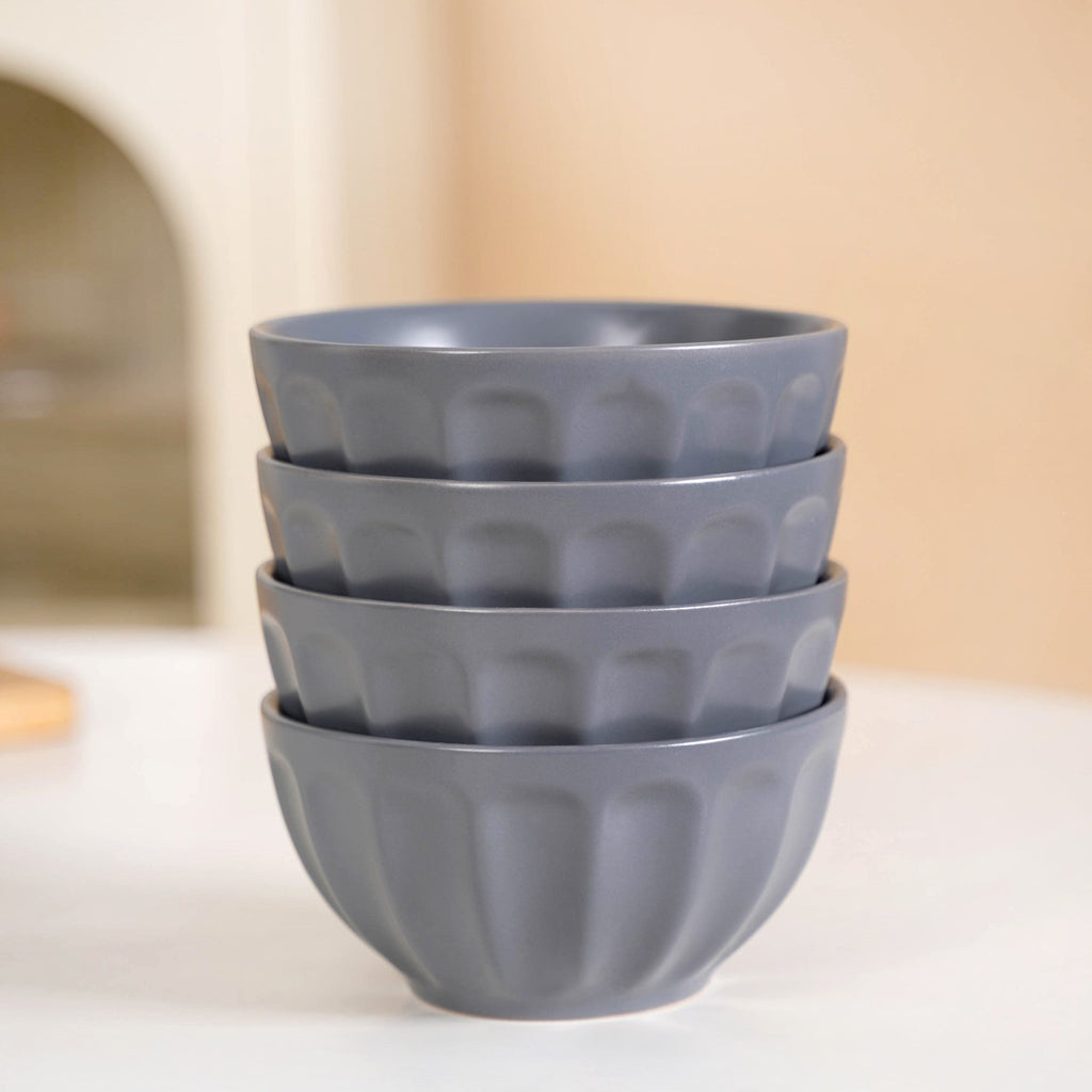 Embossed Grey Ceramic Bowl Set Of 4 580ml Nestasia