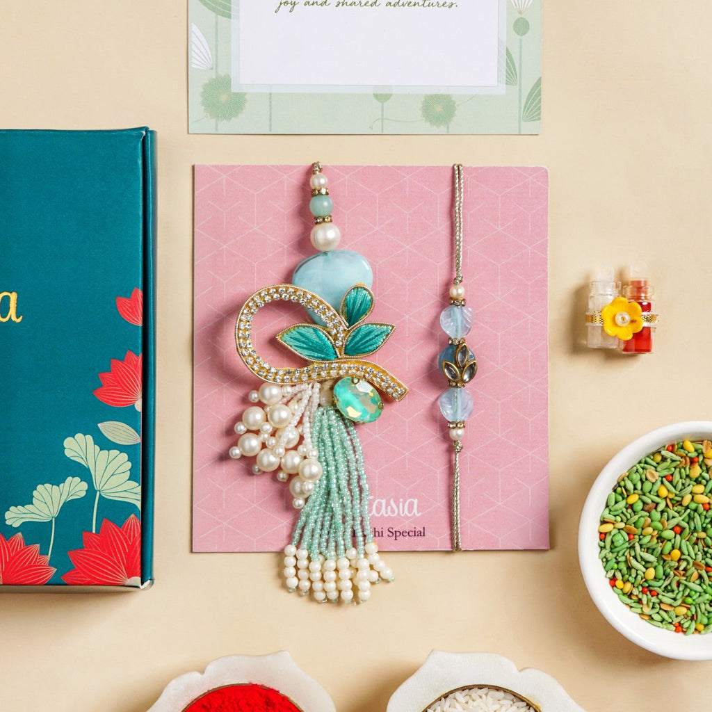 Embroidered Aqua Rakhi And Lumba Gift Set Nestasia