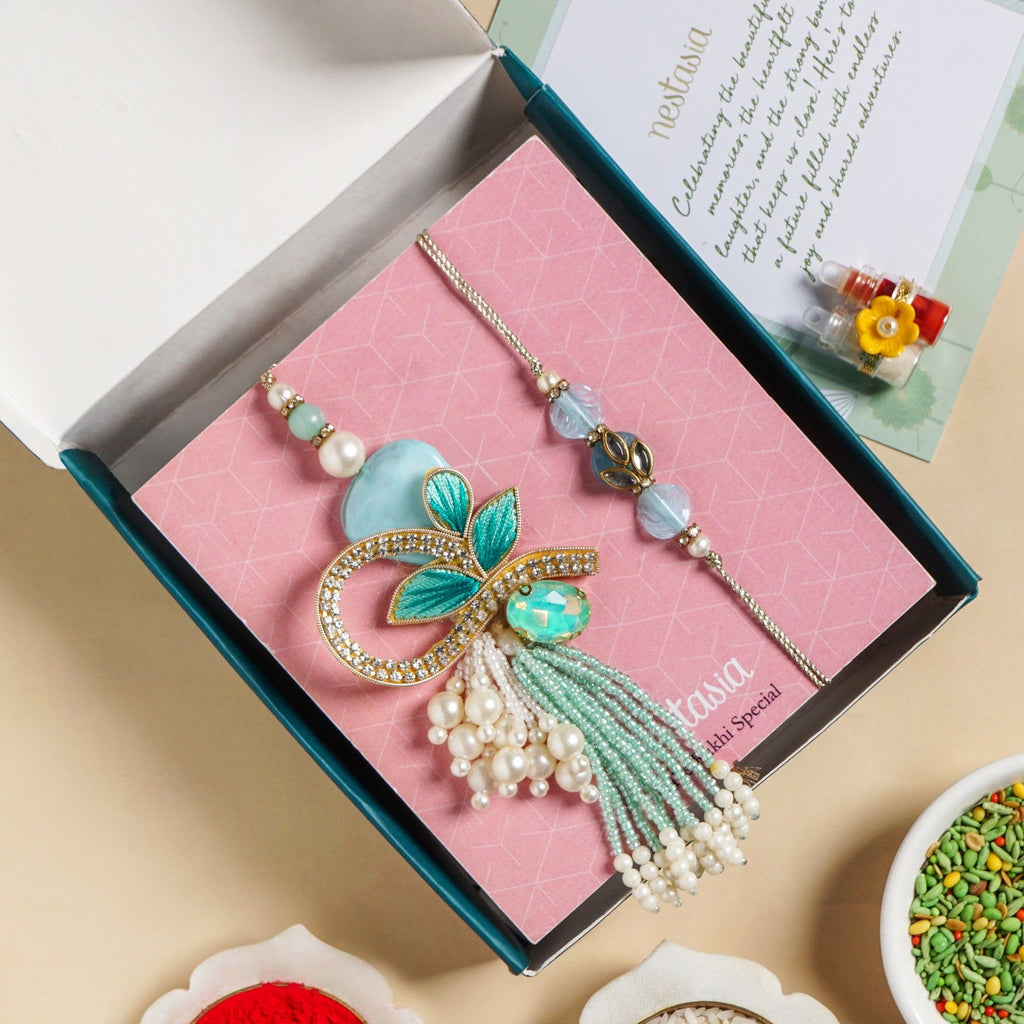 Embroidered Aqua Rakhi And Lumba Gift Set Nestasia