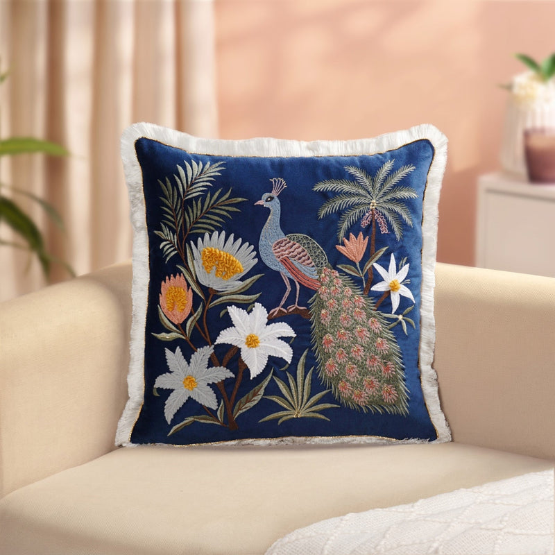 Embroidered Peacock Peonies Cushion Cover 40x40cm Nestasia