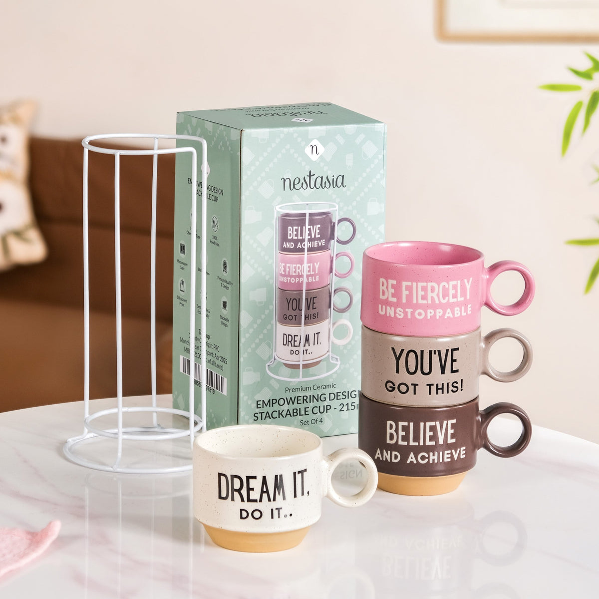Inspirational Quotes Stackable Tea Cup Set Of 4 215ml Nestasia