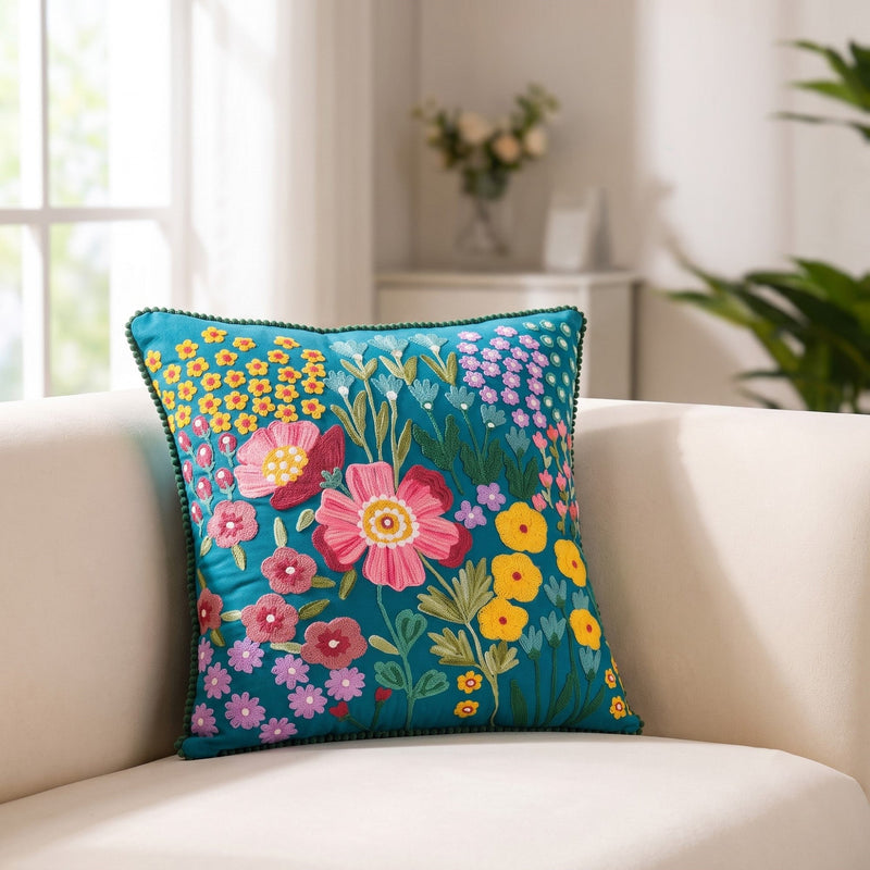 Enchanted Flora Cotton Embroidered Cushion Cover 40x40cm Nestasia