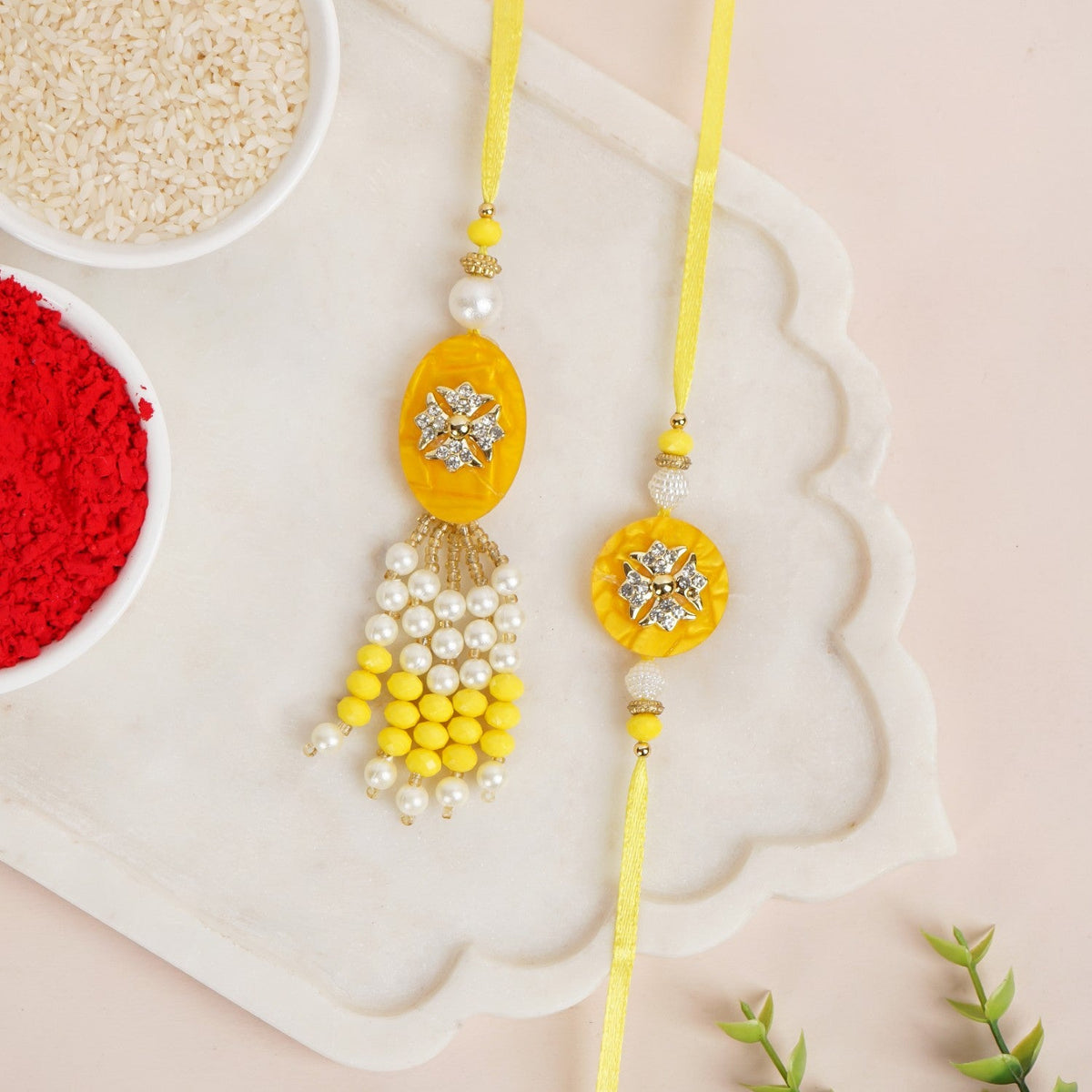 Ethereal Yellow Pearl Rakhi Lumba Gift Set Nestasia