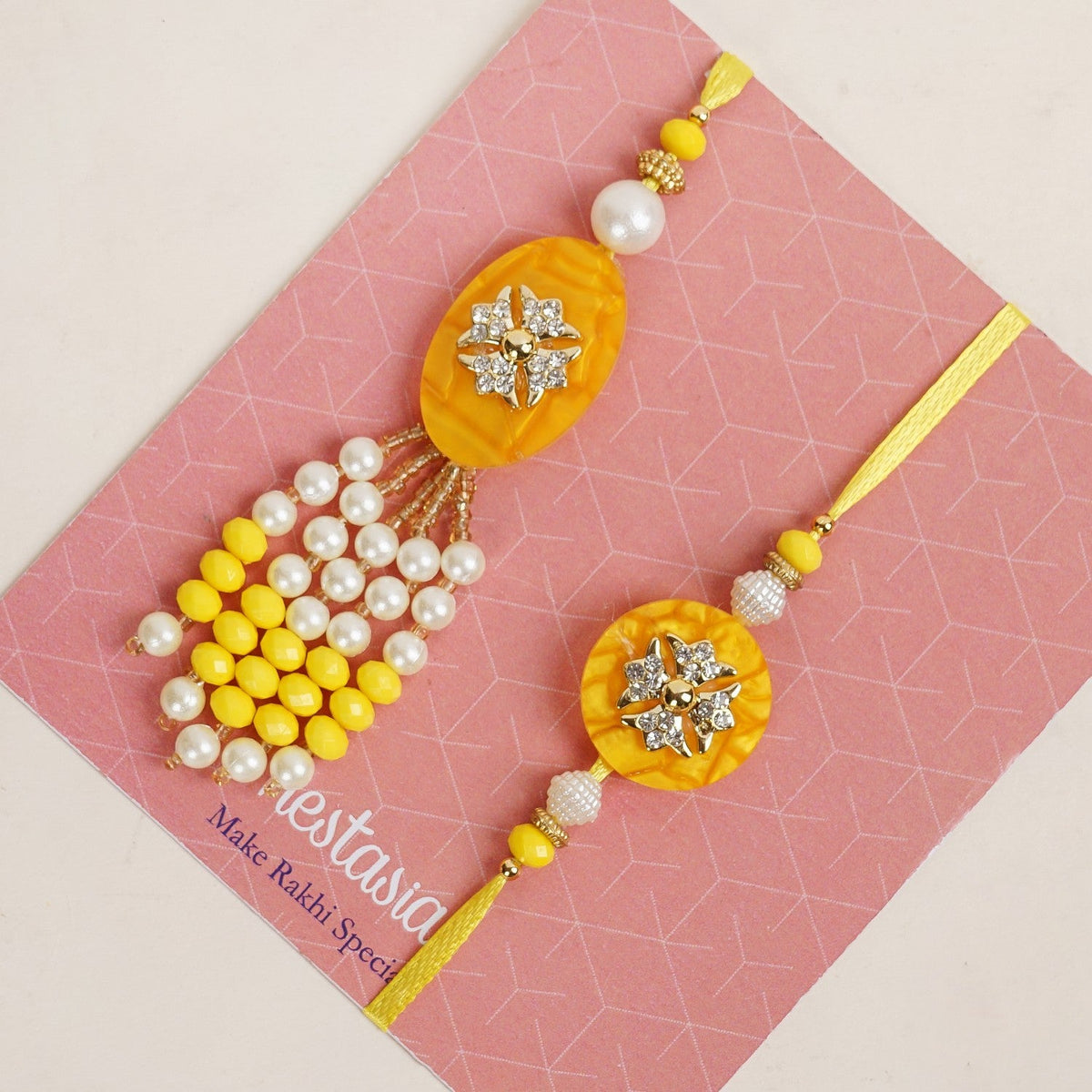 Ethereal Yellow Pearl Rakhi Lumba Gift Set Nestasia
