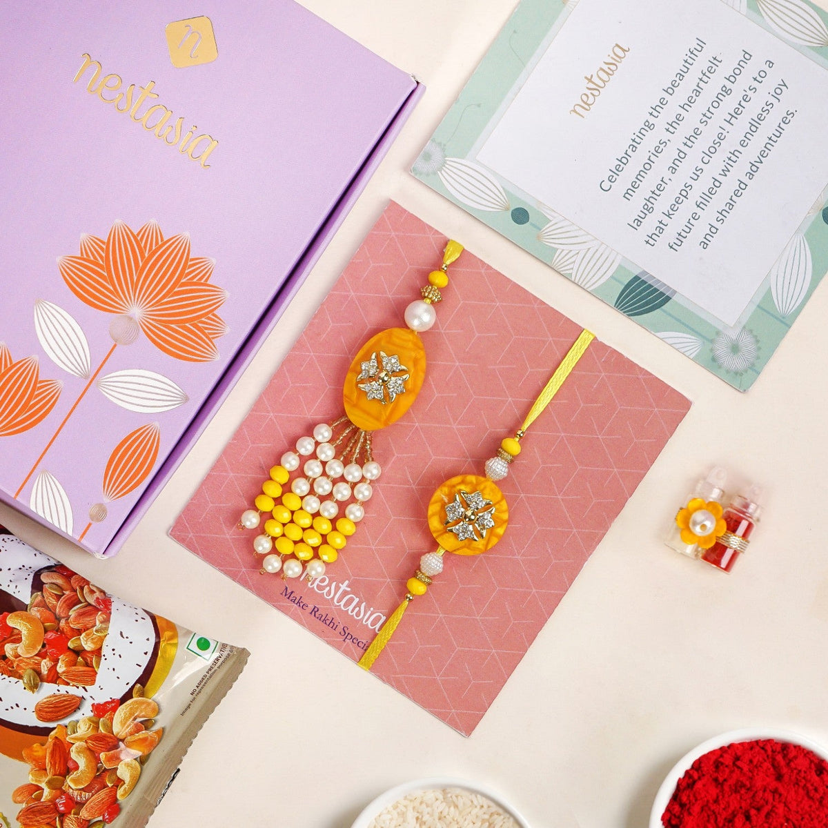 Ethereal Yellow Pearl Rakhi Lumba Gift Set Nestasia