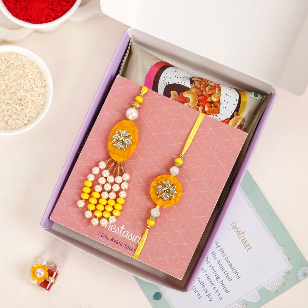Ethereal Yellow Pearl Rakhi Lumba Gift Set Nestasia