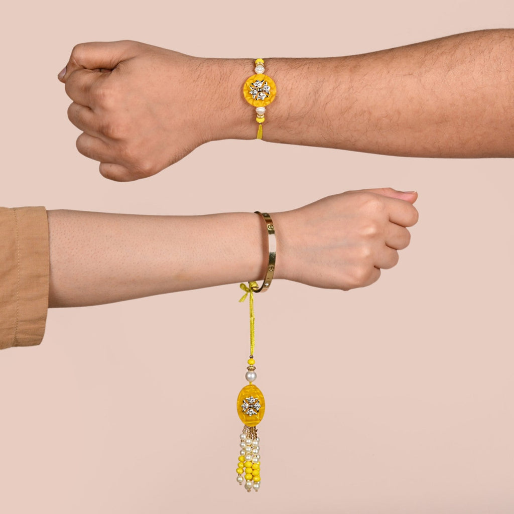 Ethereal Yellow Pearl Rakhi Lumba Gift Set Nestasia